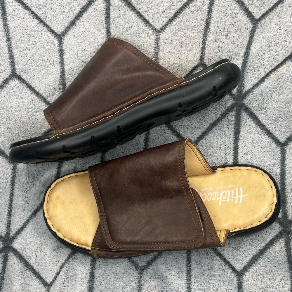 Hitchcock Extra Wide Brown Leather Men’s Slide Sandals Shoes